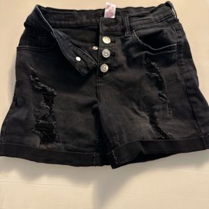 Distressed black denim shorts